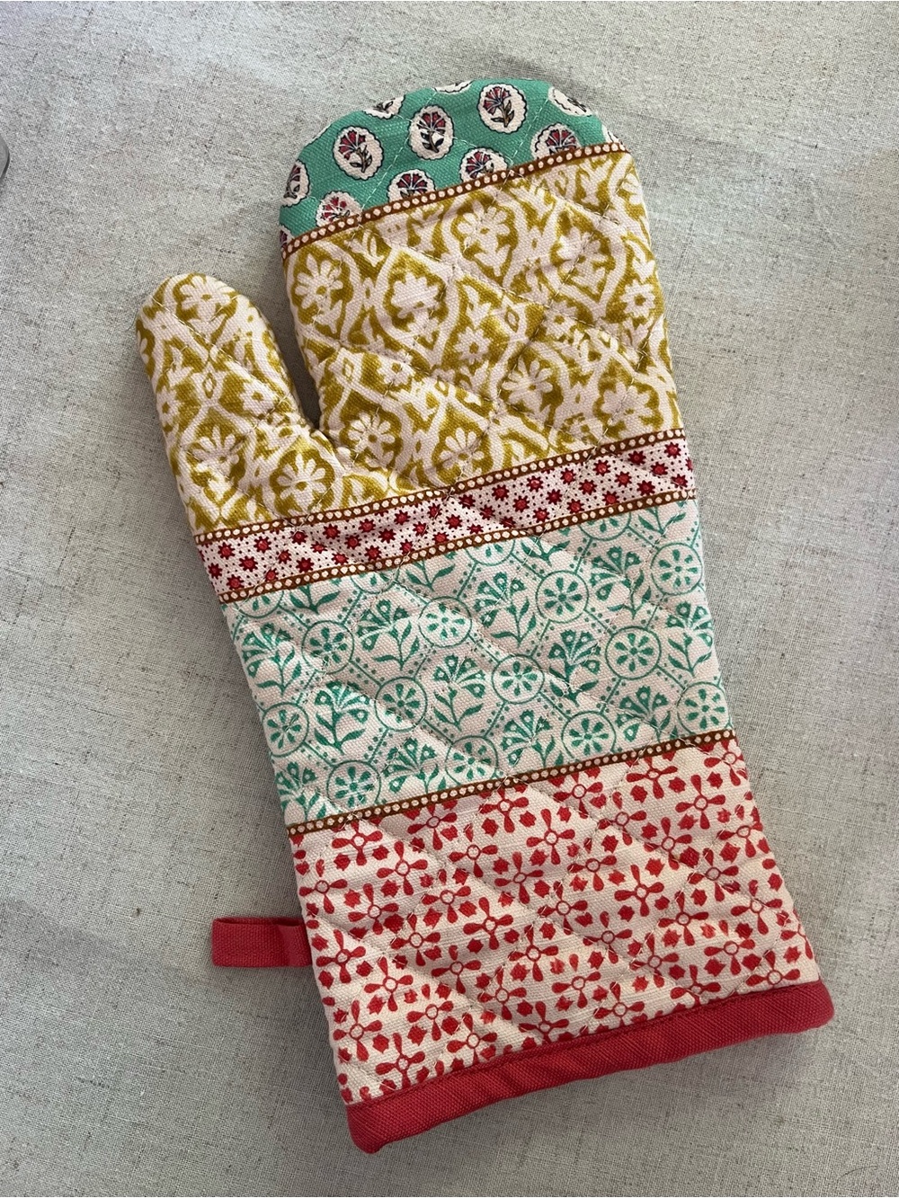 Quilted Block Print Oven Mitt Floral Boho Kitchen